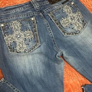 Miss Me Embroidered Blue Boot Cut Jeans with Rhinestone Accents